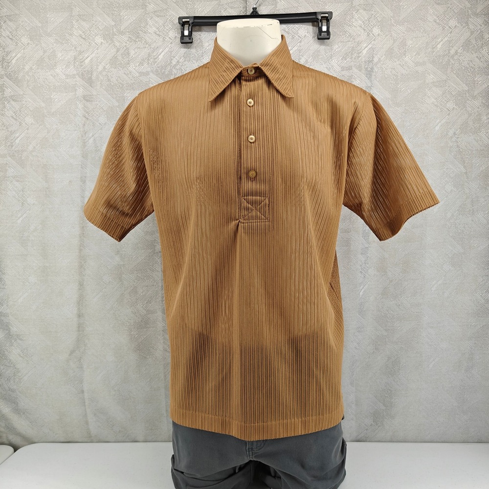 Vintage Jockey Polo Shirt Mens L Brown Sheer Ribbed Mesh Knit Textured 70s Disco